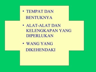 TEMPAT DAN  BENTUKNYA ALAT-ALAT DAN KELENGKAPAN YANG DIPERLUKAN WANG YANG  DIKEHENDAKI 