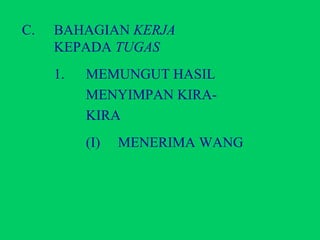 C.  BAHAGIAN  KERJA   KEPADA  TUGAS 1.  MEMUNGUT HASIL MENYIMPAN KIRA- KIRA (I) MENERIMA WANG 
