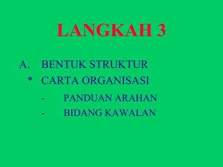 LANGKAH 3 A.  BENTUK STRUKTUR * CARTA ORGANISASI - PANDUAN ARAHAN - BIDANG KAWALAN 