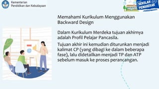 Memahami Kurikulum Menggunakan
Backward Design
Dalam Kurikulum Merdeka tujuan akhirnya
adalah Profil Pelajar Pancasila.
Tujuan akhir ini kemudian diturunkan menjadi
kalimat CP (yang dibagi ke dalam beberapa
fase), lalu didetailkan menjadi TP dan ATP
sebelum masuk ke proses perancangan.
 