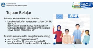 Tujuan Belajar
Peserta akan memahami tentang :
• karakteristik dan komponen dalam CP, TP,
dan ATP
• bahwa ATP bukan hanya kumpulan TP,
tapi juga tonggak capaian pembelajaran
siswa dalam mencapai CP
Peserta akan memiliki pengalaman tentang:
• membuat TP berdasarkan CP
• menganalisis TP dan merangkai ATP
berdasarkan CP dan karakteristik sekolah
 