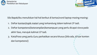Sila Bapak/Ibu menuliskan hal-hal berikut di kertas/word laptop masing-masing:
1. Daftar konten/topik materi yang terkandung dalam kalimat CP tadi.
2. Daftar kompetensi/keterampilan/kemampuan yang perlu dicapai siswa pada
akhir fase, merujuk kalimat CP tadi.
3. Kata/frasa yang perlu Guru perhatikan secara khusus (bila ada, di luar konten
dan kompetensi)
 