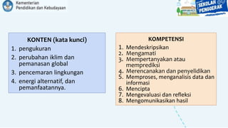 KONTEN (kata kunci)
1. pengukuran
2. perubahan iklim dan
pemanasan global
3. pencemaran lingkungan
4. energi alternatif, dan
pemanfaatannya.
KOMPETENSI
1. Mendeskripsikan
2. Mengamati
3. Mempertanyakan atau
memprediksi
4. Merencanakan dan penyelidikan
5. Memproses, menganalisis data dan
informasi
6. Mencipta
7. Mengevaluasi dan refleksi
8. Mengomunikasikan hasil
 