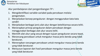 1. Mengidentifikasi variable-variabel pada percobaan melalui
pengamatan.
2. Menjelaskan konsep pengukuran dengan menggunakan kata-kata
sendiri
3. Menjelaskan berbagai jenis alat ukur dengan ketelitiannya secara teliti.
4. Menerapkan prinsip pengukuran dalam percobaan dengan
menggunakan berbagai alat ukur secara teliti.
5. Memilih alat ukur yang sesuai dengan tujuan pengukuran secara tepat.
6. Merancang percobaan untuk mengukur massa jenis benda yang tidak
beraturan.
7. Menerapkan rancangan percobaan untuk mengukur massa jenis benda
yang tidak beraturan
8. Menyusun laporan dari hasil percobaan mengukur massa jenis benda
yang tidak beraturan
Alur pembelajaran dari pengembangan TP :
 