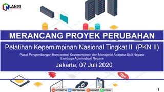 1PEDULIINOVATIFINTEGRITAS PROFESIONAL
Pelatihan Kepemimpinan Nasional Tingkat II (PKN II)
Pusat Pengembangan Kompetensi Kepemimpinan dan Manajerial Aparatur Sipil Negara
Lembaga Administrasi Negara
MERANCANG PROYEK PERUBAHAN
Jakarta, 07 Juli 2020
 