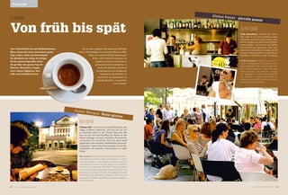 Von früh bis spät
Vom Frühaufsteher bis zum Nachtschwärmer:
Meran bietet den einen und anderen guten
Tipp an Bars, Cafés und Szenelokalen.
Die Redaktion hat einige Vorschläge
für Sie zusammengestellt, damit
Sie gut über den ganzen Tag mit
Brioches, Macchiatos, Cappuc-
cinos, kleinen Häppchen, Ape-
ritifs und Cocktails kommen.
6:00Theater Bar | Hier wird der erste Macchiato des
Tages in Meran zubereitet. Und das seit eh und
je. Deshalb halten an der Theater Bar auch alle
kurz an, die sich berufsmäßig die Nacht um die
Ohren schlagen mussten: Sanitäter, Polizeikräfte
und andere. Es ist herrlich, die noch leere Stadt
gegenüber dem stilvollen Stadttheater geruhsam
anzugehen. Schon eine Stunde später ist der Be-
rufsverkehr am zentralen Theaterplatz im vollen
Gang.
Bar Teatro | È il bar dove da tempo immemorabi-
le potete consumare il primo macchiato, in asso-
luto, del mattino. Il bar Teatro è infatti il punto di
riferimento di coloro che per lavoro sono costret-
ti a fare le ore piccole: infermieri, forze di polizia,
e così via. Davvero piacevole potersi godere una
città ancora vuota di fronte alle pregevoli forme
architettoniche del teatro cittadino. Una sola ora
più tardi è il traffico quotidiano a ritornare padro-
ne della scena.
10:00Café Kunsthaus | Nomen est omen.
Das Café ist an ein Kunsthaus ange-
schlossen und wird durch dieses auch
immer wieder neu durch Kunstinstalla-
tionen belebt. Hier können ein Kaffee
und eine Brioche genossen, aber auch
der erste morgendliche Hunger gestillt
werden. Abends stehen Live-Bands auf
der Bühne oder DJs an den Turntables.
Cafè Kunsthaus | Nomen est omen. Il
caffè è collegato ad uno spazio espo-
sitivo dal quale trae costante ispirazio-
ne. Il locale ideale per il secondo caffè
della giornata, una brioche, oppure
per appagare il primo vero appetito
del mattino. La sera sono delle live
band, oppure dei DJ alla loro console,
a catalizzare l‘attenzione.
Guten Morgen Buon giorno
Da chi ama svegliarsi alle prime luci dell‘alba
fino a chi predilige le ore piccole: Merano offre
tutta una serie di indirizzi interessanti
di bar, café e locali di tendenza. Di
seguito una breve sintesi che vi
propone la nostra redazione, in
modo che possiate orientarvi
nel momento in cui desiderate
concedervi una brioche, un
macchiato, un cappuccino, un
piccolo spuntino, un aperitivo
o un cocktail.
Kleine Pause piccola pausa
Text Stefan Stabler
Foto Andreas Marini
PLEASURE
42 43MERANO MAGAZINEwww.meranomagazine.com
 