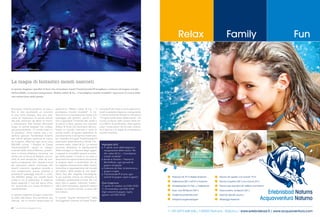 Relax Family Fun
Erlebnisbad Naturns
Acquavventura Naturno
Freibad mit 75 m Riesen-Rutsche
Hallenbad (30°) mit 51m Rutsche
Kinderbecken im Frei- u. Hallenbad
Sole- und Whirlpool (35°)
Große Saunalandschaft
Entspannungsmassagen
Piscina all’ aperto con scivolo 75 m
Piscina coperta (30°) con scivolo 51m
Piscina per bambini all’ esterno ed interno
Vasca salina, whirlpool (36°)
Grande reparto sauna
Massaggi rilassanti
T +39 0473 668 036 / I-39025 Naturns . Naturno / www.erlebnisbad.it / www.acquavventura.com
linienwerk.com|photo:shutterstock.com
La magia di fantastici mondi nascosti
In questa stagione i giardini in fiore che circondano Castel Trauttmansdorff invogliano a entrare nel magico mondo
dell’invisibile. La mostra temporanea “Radici, tuberi & Co. – Il prodigioso mondo invisibile“ ripercorre le tracce della
vita sotterranea delle piante.
Annusare l’intenso profumo di rose e
fiori di loto ascoltando un concerto
in una notte d’estate, fare una cola-
zione da imperatore su pendii baciati
dal sole, attorniati da alberi di limoni,
o attraversare fitte foreste alluvionali
lungo un ponte sospeso che ondeg-
gia paurosamente: “Il mondo intero in
un giardino“, dove natura, arte e av-
ventura giocano fondendosi insieme
per offrire sempre qualcosa di nuovo
da scoprire, affascina ogni anno circa
400.000 curiosi. I Giardini di Castel
Trauttmansdorff, situati ai margini
orientali della città di Merano, presen-
tano in forma didattica, istruttiva, ma
anche con un tocco di allegria, una va-
rietà di aree tematiche, viste da mol-
teplici prospettive. Qui, riparati a nord
da imponenti catene montuose, fitti
boschi crescono rigogliosi accanto a
ulivi mediterranei, piante esotiche e
pittoreschi paesaggi naturali e cultu-
rali dell’Alto Adige con varietà locali
ormai in via di estinzione. E stagione
dopo stagione il “più bel parco d‘Ita-
lia“ sorprende con nuove attrazioni e
manifestazioni.
In questa stagione bisogna osservare
le radici dal basso. Può sembrare una
battuta, ma la mostra temporanea di
quest’anno “Radici, tuberi & Co. – Il
prodigioso mondo invisibile“ la tra-
sformerà in un’emozionante realtà. Chi
passeggia per giardini, parchi e bo-
schi e apprezza l’intensità del verde e
la natura in fiore, spesso non conosce
affatto le forze che dominano dal pro-
fondo un mondo nascosto e sono le
uniche artefici di questo splendore. In
una divertente e variopinta ricostruzio-
ne, i Giardini di Castel Trauttmansdorff
esaminano letteralmente a fondo il fe-
nomeno radici, tuberi & Co. La mostra
racconta attraverso la spettacolarità
delle immagini e il fascino degli ogget-
ti esposti le incredibili astuzie e strate-
gie delle piante, il modo in cui esse si
assicurano la sopravvivenza ancorando
le proprie radici in profondità. Un al-
tro aspetto emozionante della mostra
interattiva è rappresentato dal mondo
dei tuberi: dalle patate di uso quoti-
diano fino alle magiche mandragole,
le più svariate culture ne utilizzano le
molteplici potenzialità e forze. Per noi
sono cibo e spezie, coloranti, medici-
nali e dolci tentazioni, possono essere
salutari ma anche mortali, a causa del
loro veleno.
In questa “quarta dimensione“ della
vita vegetale i Giardini di Castel Trautt-
mansdorff del resto si erano già avven-
turati la passata stagione, inaugurando
il nuovo ambiente botanico interattivo
“Il regno sotterraneo delle piante“. Un
tunnel conduce nelle viscere della ter-
ra a 200 m di profondità, dove spetta-
colari ricostruzioni da brivido mostra-
no il fascino e la magia di un fantastico
mondo invisibile.
Highlights 2012
	1° aprile: avvio della stagione e
inaugurazione della mostra “Ra-
dici, tuberi & Co. – Il prodigioso
mondo invisibile“
	Serate ai Giardini – Festival di
World Music: ogni giovedì da
giugno ad agosto
	Colazione da Sissi: di domenica a
giugno e luglio
	Trauttmansdorff di sera: ogni
venerdì di giugno, luglio e agosto
Orari d‘apertura
1° aprile–31 ottobre: ore 9.00–19.00
1°–15 novembre: ore 9.00–17.00
Ogni venerdì di giugno, luglio,
agosto: ore 9.00–23.00
Il regno sotteraneo delle piante.
68 www.meranomagazine.com
 