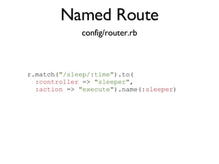 Named Route config/router.rb r.match( "/sleep/:time" ).to( :controller  =>  "sleeper" ,  :action  =>  "execute" ).name( :sleeper )‏ 