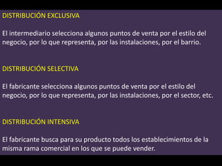 DISTRIBUCIÓN EXCLUSIVA
El intermediario selecciona algunos puntos de venta por el estilo del
negocio, por lo que representa, por las instalaciones, por el barrio.

DISTRIBUCIÓN SELECTIVA
El fabricante selecciona algunos puntos de venta por el estilo del
negocio, por lo que representa, por las instalaciones, por el sector, etc.

DISTRIBUCIÓN INTENSIVA

El fabricante busca para su producto todos los establecimientos de la
misma rama comercial en los que se puede vender.

 