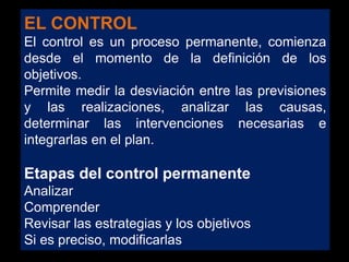EL CONTROL
El control es un proceso permanente, comienza
desde el momento de la definición de los
objetivos.
Permite medir la desviación entre las previsiones
y las realizaciones, analizar las causas,
determinar las intervenciones necesarias e
integrarlas en el plan.

Etapas del control permanente
Analizar
Comprender
Revisar las estrategias y los objetivos
Si es preciso, modificarlas

 