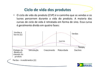 Ciclo de vida dos produtos
• O ciclo de vida do produto (CVP) é o caminho que as vendas e os
  lucros percorrem durante a vida do produto. A maioria das
  curvas de ciclo de vida é retratada em forma de sino. Essa curva
  é geralmente divida em quatro fases:
 