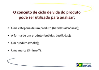 O conceito de ciclo de vida do produto
      pode ser utilizado para analisar:

• Uma categoria de um produto (bebidas alcoólicas);

• A forma de um produto (bebidas destiladas);

• Um produto (vodka);

• Uma marca (Smirnoff).
 