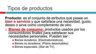 Tipos de productos
Producto: es el conjunto de atributos que posee un
bien o servicio y que satisface una necesidad, gusto,
deseo o sirve como complemento de otro.
 Bienes de consumo: productos usados por los
consumidores finales para satisfacer sus
necesidades personales. Pueden ser :
 Bienes duraderos. (Electrodomésticos).
 Bienes no duraderos. (Platos desechables).
 Bienes especiales. (Star de TV).
 