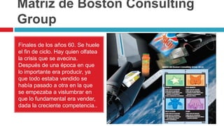 Matriz de Boston Consulting
Group
Finales de los años 60. Se huele
el fin de ciclo. Hay quien olfatea
la crisis que se avecina.
Después de una época en que
lo importante era producir, ya
que todo estaba vendido se
había pasado a otra en la que
se empezaba a vislumbrar en
que lo fundamental era vender,
dada la creciente competencia..
 