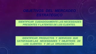 OBJETIVOS DEL MERCADEO
ESTRATÉGICO
• IDENTIFICAR CUIDADOSAMENTE LAS NECESIDADES
PRESENTES Y LATENTES DE LOS CLIENTES.
• IDENTIFICAR PRODUCTOS Y SERVICIOS QUE
SATISFAGAN LAS NECESIDADES Y OBJETIVOS DE
LOS CLIENTES Y DE LA ORGANIZACIÓN.
 