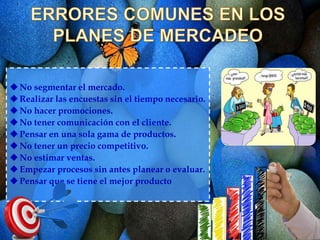  No segmentar el mercado. 
Realizar las encuestas sin el tiempo necesario. 
 No hacer promociones. 
 No tener comunicación con el cliente. 
 Pensar en una sola gama de productos. 
 No tener un precio competitivo. 
 No estimar ventas. 
Empezar procesos sin antes planear o evaluar. 
 Pensar que se tiene el mejor producto 
 
