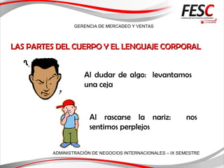 GERENCIA DE MERCADEO Y VENTAS
ADMINISTRACIÓN DE NEGOCIOS INTERNACIONALES – IX SEMESTRE
LAS PARTES DEL CUERPO Y EL LENGUAJE CORPORALLAS PARTES DEL CUERPO Y EL LENGUAJE CORPORAL
Al dudar de algo: levantamos
una ceja
Al rascarse la nariz: nos
sentimos perplejos
 