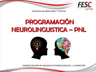 GERENCIA DE MERCADEO Y VENTAS
ADMINISTRACIÓN DE NEGOCIOS INTERNACIONALES – IX SEMESTRE
PROGRAMACIÓNPROGRAMACIÓN
NEUROLINGUISTICA – PNLNEUROLINGUISTICA – PNL
 