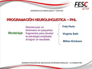 GERENCIA DE MERCADEO Y VENTAS
ADMINISTRACIÓN DE NEGOCIOS INTERNACIONALES – IX SEMESTRE
PROGRAMACIÓN NEUROLINGUISTICA – PNLPROGRAMACIÓN NEUROLINGUISTICA – PNL
Fritz Perls
Virginia Satir
Milton Erickson
Modelaje
Desmenuzar un
fenómeno en pequeños
fragmentos para develar
la estrategia empleada
al lograr un resultado.
 