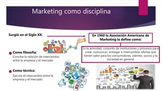 Marketing como disciplina
Surgió en el Siglo XX. En 1960 la Asociación Americana de
Marketing la define como:
Es la actividad, conjunto de instituciones y procesos para
crear, comunicar, entregar e intercambiar ofertas que
tienen valor para los consumidores, clientes, socios y la
sociedad en general.
Como técnica:
Ejecuta el intercambio entre la
empresa y el mercado
Como filosofía:
Concibe la relación de intercambio
entre la empresa y el mercado
 