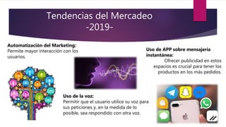 Tendencias del Mercadeo
-2019-
Automatización del Marketing:
Permite mayor interacción con los
usuarios.
Uso de la voz:
Permitir que el usuario utilice su voz para
sus peticiones y, en la medida de lo
posible, sea respondido con otra voz.
Uso de APP sobre mensajería
instantánea:
Ofrecer publicidad en estos
espacios es crucial para tener los
productos en los más pedidos.
 