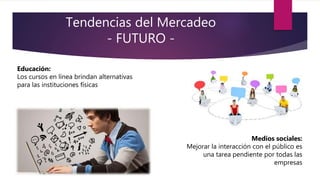 Tendencias del Mercadeo
- FUTURO -
Educación:
Los cursos en línea brindan alternativas
para las instituciones físicas
Medios sociales:
Mejorar la interacción con el público es
una tarea pendiente por todas las
empresas
 