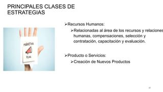 PRINCIPALES CLASES DE
ESTRATEGIAS
Recursos Humanos:
Relacionadas al área de los recursos y relaciones
humanas, compensaciones, selección y
contratación, capacitación y evaluación.
Producto o Servicios:
Creación de Nuevos Productos
42
 