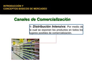 INTRODUCCIÓN Y
CONCEPTOS BÁSICOS DE MERCADEO



      Canales de Comercialización
                 1- Distribución Intensiva: Por medio de
                 la cual se exponen los productos en todos los
                 lugares posibles de comercialización.
 