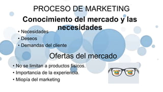 PROCESO DE MARKETING
Conocimiento del mercado y las
necesidades• Necesidades
• Deseos
• Demandas del cliente
• No se limitan a productos físicos.
• Importancia de la experiencia.
• Miopía del marketing
Ofertas del mercado
 