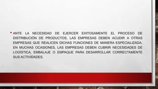 • ANTE LA NECESIDAD DE EJERCER EXITOSAMENTE EL PROCESO DE
DISTRIBUCIÓN DE PRODUCTOS, LAS EMPRESAS DEBEN ACUDIR A OTRAS
EMPRESAS QUE REALICEN DICHAS FUNCIONES DE MANERA ESPECIALIZADA.
EN MUCHAS OCASIONES, LAS EMPRESAS DEBEN CUBRIR NECESIDADES DE
LOGÍSTICA, EMBALAJE O EMPAQUE PARA DESARROLLAR CORRECTAMENTE
SUS ACTIVIDADES.
 