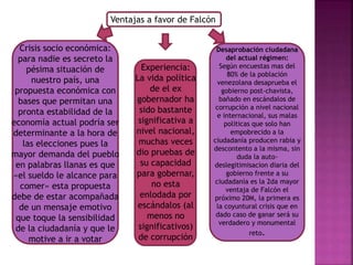 Ventajas a favor de Falcón
Crisis socio económica:
para nadie es secreto la
pésima situación de
nuestro país, una
propuesta económica con
bases que permitan una
pronta estabilidad de la
economía actual podría ser
determinante a la hora de
las elecciones pues la
mayor demanda del pueblo
en palabras llanas es que
«el sueldo le alcance para
comer» esta propuesta
debe de estar acompañada
de un mensaje emotivo
que toque la sensibilidad
de la ciudadanía y que le
motive a ir a votar
Experiencia:
La vida política
de el ex
gobernador ha
sido bastante
significativa a
nivel nacional,
muchas veces
dio pruebas de
su capacidad
para gobernar,
no esta
enlodada por
escándalos (al
menos no
significativos)
de corrupción
Desaprobación ciudadana
del actual régimen:
Según encuestas mas del
80% de la población
venezolana desaprueba el
gobierno post-chavista,
bañado en escándalos de
corrupción a nivel nacional
e internacional, sus malas
políticas que solo han
empobrecido a la
ciudadanía producen rabia y
descontento a la misma, sin
duda la auto-
deslegitimisacion diaria del
gobierno frente a su
ciudadanía es la 2da mayor
ventaja de Falcón el
próximo 20M, la primera es
la coyuntural crisis que en
dado caso de ganar será su
verdadero y monumental
reto.
 