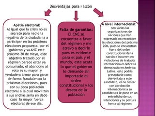 Desventajas para Falcón
Apatía electoral:
Al igual que la crisis no es
secreto para nadie la
negativa de la ciudadanía a
participar en las próximas
elecciones propuesta por el
gobierno y su ANC este
próximo 20 de mayo, este
objetivo trazado por el
régimen parece estar ya
consumado, el abandono al
voto es su mayor y
verdadera armar para ganar
de forma fraudulentas la
próximas elecciones, pues
con su poca población
electoral a la cual movilizan
a sus anchas seria en dado
caso la mayor fuerza
electoral de ese día.
Falta de garantías:
El CNE se
encuentra a favor
del régimen y me
atrevo a decirlo
pues es evidente
para el país y el
mundo, este acata
lo que el gobierno
le demande sin
importarle el
orden
constitucional y los
deseos de la
población
A nivel internacional:
son varias las
organizaciones de
naciones que han
expresado no reconocer
las elecciones del próximo
20M, pues se encuentran
fuera del orden
constitucional de la
nación e incurren en
violaciones de tratados
internacionales sobre la
democracia en América
Latina, esto podría
presentarle como
desventaja a este
candidato, el no contar
con aprobación
internacional a su
candidatura le pone en un
entredicho de sus
intenciones y su postura
frente al régimen
 