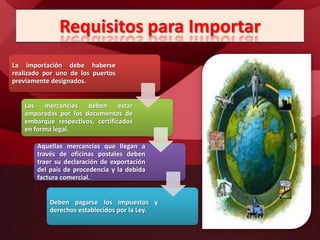 Requisitos para Importar
La importación debe haberse
realizado por uno de los puertos
previamente designados.
Las mercancías deben estar
amparadas por los documentos de
embarque respectivos, certificados
en forma legal.
Aquellas mercancías que llegan a
través de oficinas postales deben
traer su declaración de exportación
del país de procedencia y la debida
factura comercial.
Deben pagarse los impuestos y
derechos establecidos por la Ley.
 