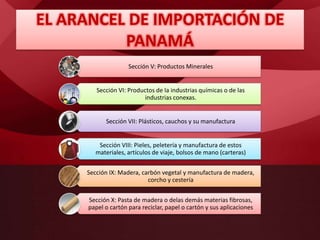 Sección V: Productos Minerales
Sección VI: Productos de la industrias químicas o de las
industrias conexas.
Sección VII: Plásticos, cauchos y su manufactura
Sección VIII: Pieles, peletería y manufactura de estos
materiales, artículos de viaje, bolsos de mano (carteras)
Sección IX: Madera, carbón vegetal y manufactura de madera,
corcho y cestería
Sección X: Pasta de madera o delas demás materias fibrosas,
papel o cartón para reciclar, papel o cartón y sus aplicaciones
EL ARANCEL DE IMPORTACIÓN DE
PANAMÁ
 