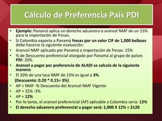 Cálculo de Preferencia País PDI
• Ejemplo: Panamá aplica un derecho aduanero o arancel NMF de un 15%
para la importación de fresas.
• Si Colombia exporta a Panamá fresas por un valor CIF de 1,000 balboas
debe hacerse la siguiente evaluación:
• Arancel NMF aplicado por Panamá a importación de fresas: 15%
• % de Descuento preferencial otorgado por Panamá al grupo de países
PDI: 20%.
• Arancel a pagar por preferencia de ALADI se calcula de la siguiente
manera:
• El 20% de una tasa NMF de 15% es igual a 3%.
(Descuento: 0.20 * 0.15= 3%)
• AP = NMF -% Descuento del Arancel NMF Vigente
• AP = 15% -3%
• AP = 12%
• Por lo tanto, el arancel preferencial (AP) aplicable a Colombia sería: 12%
• El derecho aduanero preferencial a pagar será: 1,000 X 12% = $120
 