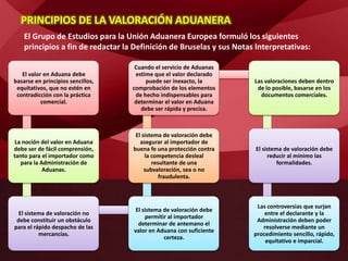 PRINCIPIOS DE LA VALORACIÓN ADUANERA
El valor en Aduana debe
basarse en principios sencillos,
equitativos, que no estén en
contradicción con la práctica
comercial.
La noción del valor en Aduana
debe ser de fácil comprensión,
tanto para el importador como
para la Administración de
Aduanas.
El sistema de valoración no
debe constituir un obstáculo
para el rápido despacho de las
mercancías.
El sistema de valoración debe
permitir al importador
determinar de antemano el
valor en Aduana con suficiente
certeza.
El sistema de valoración debe
asegurar al importador de
buena fe una protección contra
la competencia desleal
resultante de una
subvaloración, sea o no
fraudulenta.
Cuando el servicio de Aduanas
estime que el valor declarado
puede ser inexacto, la
comprobación de los elementos
de hecho indispensables para
determinar el valor en Aduana
debe ser rápida y precisa.
Las valoraciones deben dentro
de lo posible, basarse en los
documentos comerciales.
El sistema de valoración debe
reducir al mínimo las
formalidades.
Las controversias que surjan
entre el declarante y la
Administración deben poder
resolverse mediante un
procedimiento sencillo, rápido,
equitativo e imparcial.
El Grupo de Estudios para la Unión Aduanera Europea formuló los siguientes
principios a fin de redactar la Definición de Bruselas y sus Notas Interpretativas:
 
