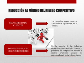 REDUCCIÓN AL MÍNIMO DEL RIESGO COMPETITIVO
SEGUIMIENTO DE
CLIENTES
NO DAR VENTAJAS A
LOS COMPETIDORES
Las compañías pueden conservar
a sus clientes siguiéndolos en el
exterior.
En la mayoría de las industrias
oligopólicas (automovilística, llantera y
petrolera) los competidores tienden a
realizar inversiones directas en
determinado país casi al mismo tiempo.
 