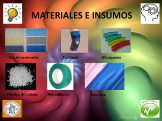 MATERIALES E INSUMOS



 Tela impermeable             Tobilleras          Mangueras




Plástico Granulado   Tela adhesiva         Tela Licra
 