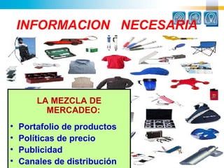INFORMACION NECESARIA




        LA MEZCLA DE
          MERCADEO:
•   Portafolio de productos
•   Políticas de precio
•  ...