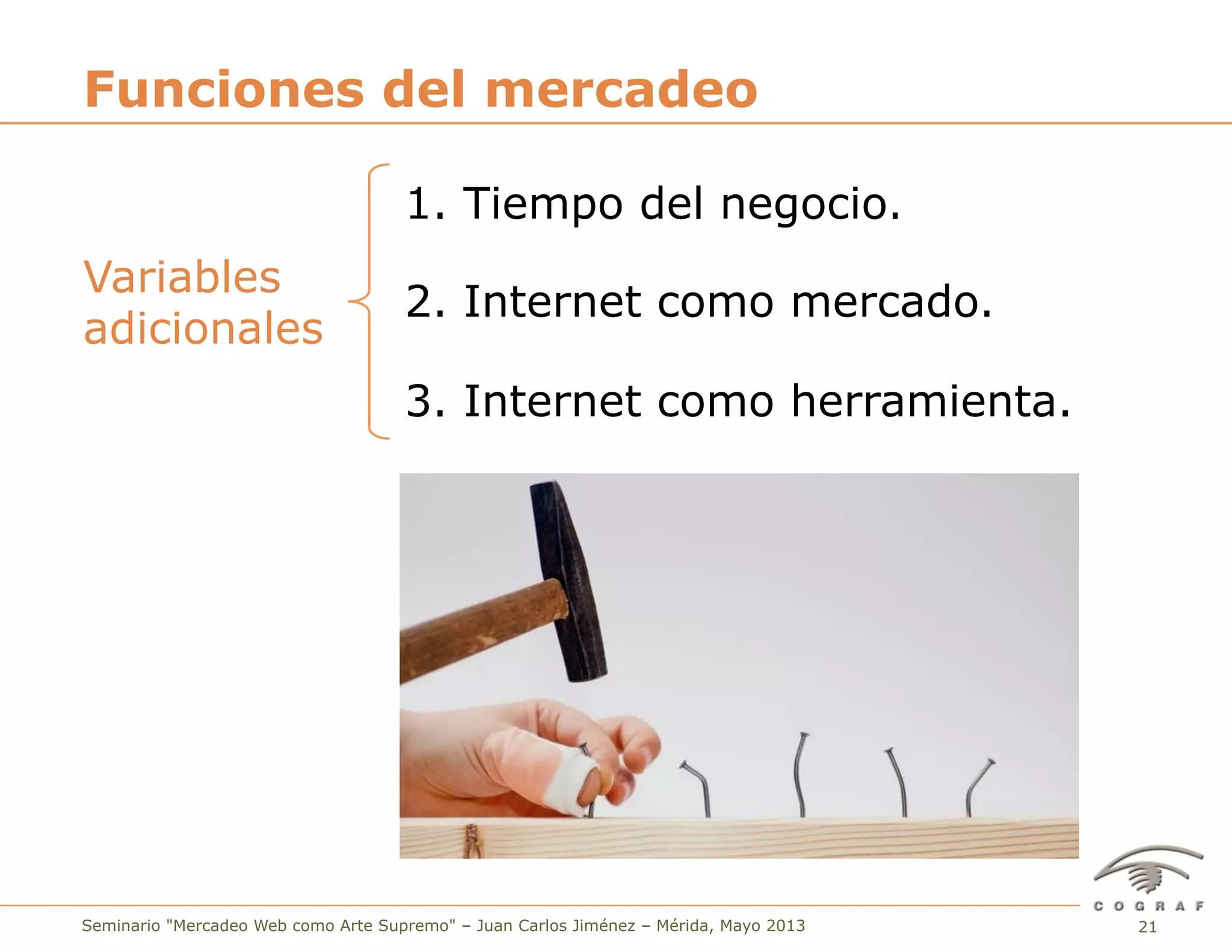 21Seminario "Mercadeo Web como Arte Supremo" – Juan Carlos Jiménez – Mérida, Mayo 2013
1. Tiempo del negocio.
2. Internet como mercado.
3. Internet como herramienta.
Funciones del mercadeo
Variables
adicionales
 