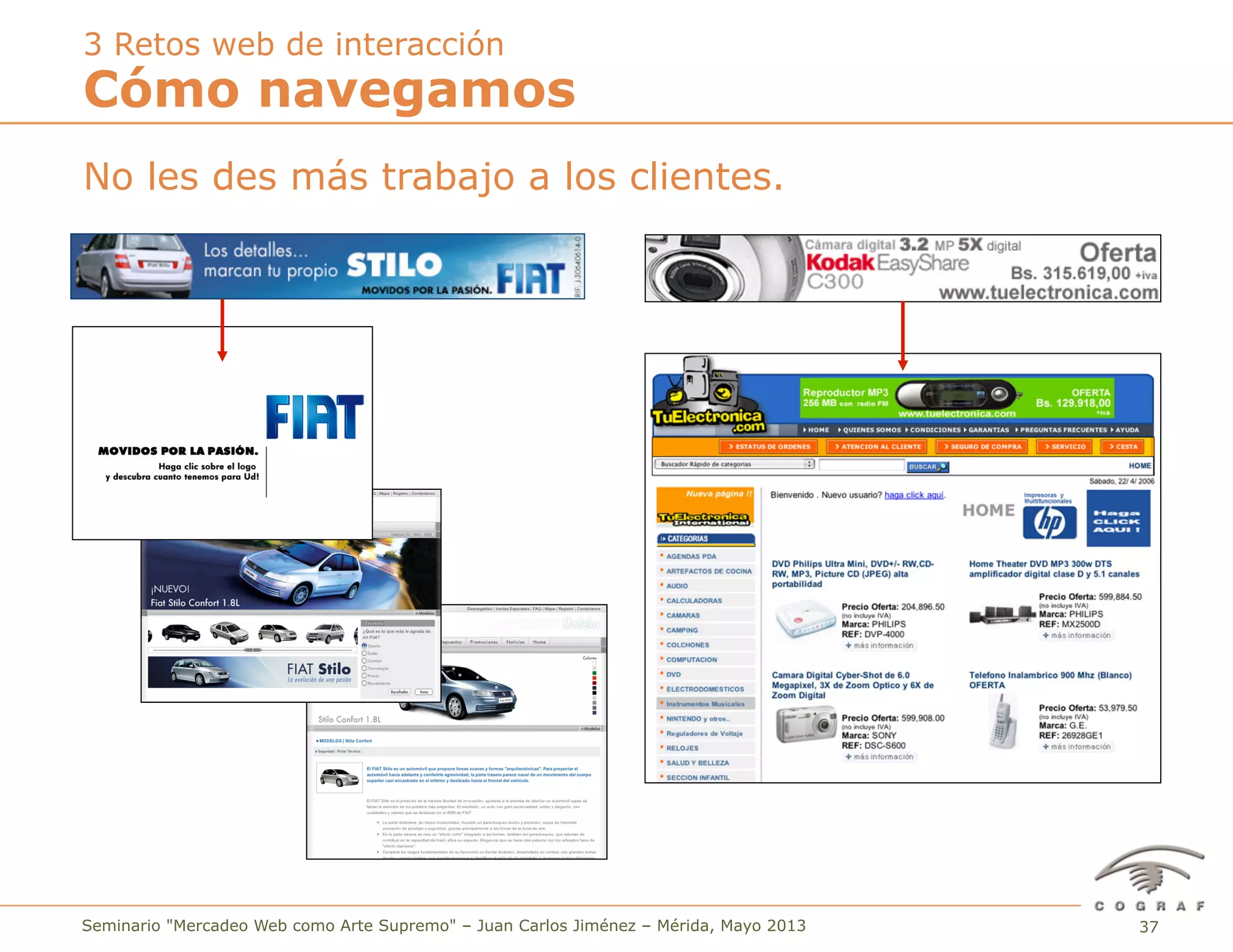37Seminario "Mercadeo Web como Arte Supremo" – Juan Carlos Jiménez – Mérida, Mayo 2013
No les des más trabajo a los clientes.
Cómo navegamos
3 Retos web de interacción
 