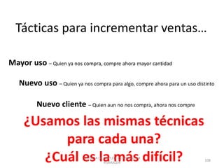 Tácticas para incrementar ventas…
Mayor uso – Quien ya nos compra, compre ahora mayor cantidad
Nuevo uso – Quien ya nos compra para algo, compre ahora para un uso distinto
Nuevo cliente – Quien aun no nos compra, ahora nos compre
¿Usamos las mismas técnicas
para cada una?
¿Cuál es la más difícil?AGENCIA DE EMPLEO -COMFAMILIAR
RISARALDA
108
 