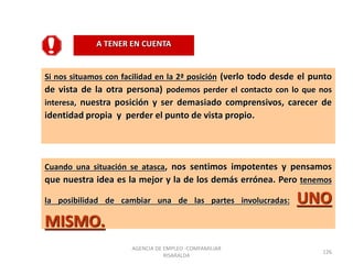 Si nos situamos con facilidad en la 2ª posición (verlo todo desde el punto
de vista de la otra persona) podemos perder el contacto con lo que nos
interesa, nuestra posición y ser demasiado comprensivos, carecer de
identidad propia y perder el punto de vista propio.
A TENER EN CUENTA
Cuando una situación se atasca, nos sentimos impotentes y pensamos
que nuestra idea es la mejor y la de los demás errónea. Pero tenemos
la posibilidad de cambiar una de las partes involucradas: UNO
MISMO.
AGENCIA DE EMPLEO -COMFAMILIAR
RISARALDA
126
 