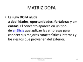 MATRIZ DOFA
• La sigla DOFA alude
a debilidades, oportunidades, fortalezas y am
enazas. El concepto aparece en un tipo
de análisis que aplican las empresas para
conocer sus mejores características internas y
los riesgos que provienen del exterior.
AGENCIA DE EMPLEO -COMFAMILIAR
RISARALDA
166
 