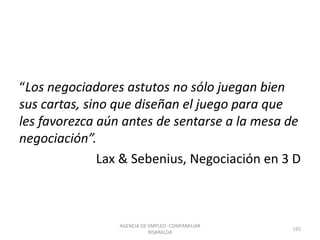 “Los negociadores astutos no sólo juegan bien
sus cartas, sino que diseñan el juego para que
les favorezca aún antes de sentarse a la mesa de
negociación”.
Lax & Sebenius, Negociación en 3 D
192
AGENCIA DE EMPLEO -COMFAMILIAR
RISARALDA
 