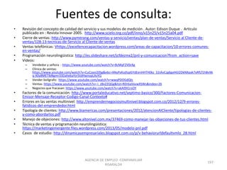 Fuentes de consulta:
• Revisión del concepto de calidad del servicio y sus modelos de medición . Autor: Edison Duque . Artículo
publicado en : Revista Innovar 2005. http://www.scielo.org.co/pdf/inno/v15n25/v15n25a04.pdf
• Cierre de ventas: http://www.pymerang.com/ventas-y-servicio/ventas/plan-de-ventas/Servicio al Cliente-de-
ventas/128-13-tecnicas-de-Servicio al Cliente-de-ventas
• Ventas telefónicas: Vhttps://excellencecapacitacion.wordpress.com/areas-de-capacitacion/10-errores-comunes-
en-ventas/
• Programación neurolingüistica: http://es.slideshare.net/jcfdezmx2/pnl-y-comunicacion?from_action=save
• Videos:
– Vendedor y señora : https://www.youtube.com/watch?v=8cMqF2V0cKg
– Clínica de ventas:
https://www.youtube.com/watch?v=CuCzaoi20Sg&ebc=ANyPxKojfopGYdEenHHTH0kz_S1tAvCzg6gxHGl2DkNXpak7yRfLf1hBv96
q-X0y8METlbNgmr33DahebaYzr5tdHwnopLAsYQ
– Vender bolígrafo: https://www.youtube.com/watch?v=wwqPDOGdQtc
– Ventas: https://www.youtube.com/watch?v=-i_zBvZ2QGg&list=RDr6aVxvwXSWs&index=26
– Negocios que fracasan: https://www.youtube.com/watch?v=akAl9X1rsOY
• Factores de la comunicación: http://www.portaleducativo.net/septimo-basico/300/Factores-Comunicacion-
Emisor-Mensaje-Receptor-Codigo-Canal-Contexto#
• Errores en las ventas multinivel: http://emprendernegociosmultinivel.blogspot.com.co/2012/12/9-errores-
fatidicos-del-emprendedor.html
• Tipología de clientes: http://www.biamericas.com/presentaciones/2012/atencionAlCliente/tipologias-de-clientes-
y-como-abordarlos.pdf
• Manejo de objeciones: http://www.altonivel.com.mx/37469-como-manejar-las-objeciones-de-tus-clientes.html
• Técnica de ventas y programación neurolingüística:
https://marketingemergente.files.wordpress.com/2013/05/modelo-pnl.pdf
• Casos de estudio: http://dinamicasempresariales.blogspot.com.co/p/v-behaviorurldefaultvmlo_28.html
197
AGENCIA DE EMPLEO -COMFAMILIAR
RISARALDA
 