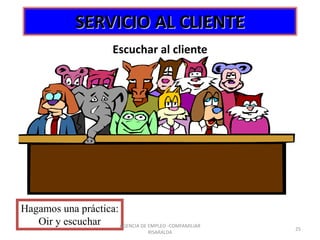 SERVICIO AL CLIENTE
Escuchar al cliente
Hagamos una práctica:
Oir y escuchar
25
AGENCIA DE EMPLEO -COMFAMILIAR
RISARALDA
 