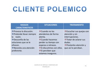 RASGOS
CARACTERISTICOS
SITUACIONES TRATAMIENTO
Provoca la discusión.
Pretende llevar siempre
la razón.
Desconfía de las
soluciones que se le
ofrecen.
Necesita una atención
preferente.
Cuando no los
atendemos de forma
atenta.
Cuando hacemos
perder su tiempo con
esperas o retrasos.
Si discutimos con ellos.
Si perciben que
estamos inseguros.
Escuchar sus quejas con
atención y sin
interrupciones.
Tratar de aclarar sus
dudas.
Prestarles atención y
que así lo perciban.
41
AGENCIA DE EMPLEO -COMFAMILIAR
RISARALDA
 