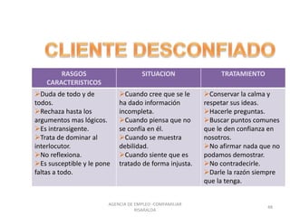 RASGOS
CARACTERISTICOS
SITUACION TRATAMIENTO
Duda de todo y de
todos.
Rechaza hasta los
argumentos mas lógicos.
Es intransigente.
Trata de dominar al
interlocutor.
No reflexiona.
Es susceptible y le pone
faltas a todo.
Cuando cree que se le
ha dado información
incompleta.
Cuando piensa que no
se confía en él.
Cuando se muestra
debilidad.
Cuando siente que es
tratado de forma injusta.
Conservar la calma y
respetar sus ideas.
Hacerle preguntas.
Buscar puntos comunes
que le den confianza en
nosotros.
No afirmar nada que no
podamos demostrar.
No contradecirle.
Darle la razón siempre
que la tenga.
48
AGENCIA DE EMPLEO -COMFAMILIAR
RISARALDA
 