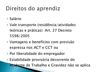 Salário Vale transporte (residência/atividades teóricas e práticas)  Art. 27 Decreto 5598/2005 Vantagens e benefícios com previsão expressa nos ACT e CCT ou Por liberalidade do empregador Estabilidade provisória decorrente do Acidente de Trabalho e Gravidez não se aplica 